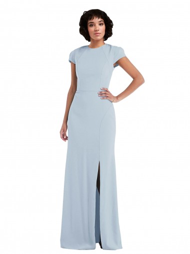 Bleu ciel clair Trompette Col bijou Crêpe Stretch Longue Robes demoiselle d'honneur à Bas Prix