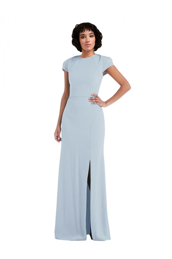 Bleu ciel clair Trompette Col bijou Crêpe Stretch Longue Robes demoiselle d'honneur à Bas Prix