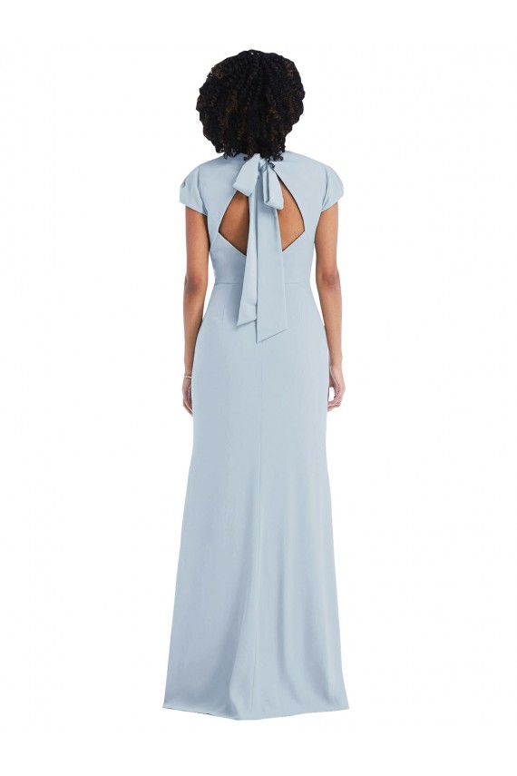 Bleu ciel clair Trompette Col bijou Crêpe Stretch Longue Robes demoiselle d'honneur à Bas Prix