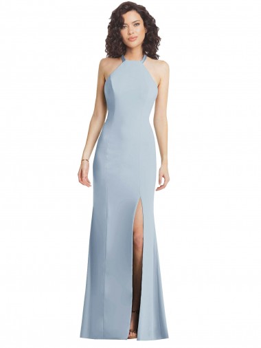 Bleu ciel clair Trompette Licou Col Haut Crêpe Stretch Longue Formelles Robes demoiselle d'honneur / Robes de soirée / Robes de bal à Bas Prix