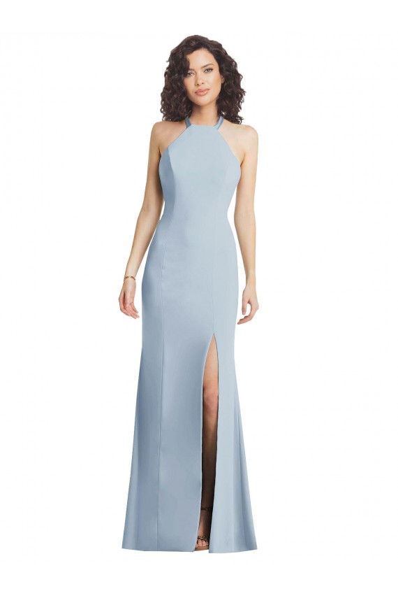 Bleu ciel clair Trompette Licou Col Haut Crêpe Stretch Longue Formelles Robes demoiselle d'honneur / Robes de soirée / Robes de bal à Bas Prix