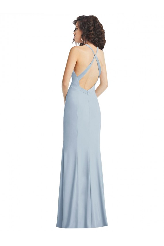 Bleu ciel clair Trompette Licou Col Haut Crêpe Stretch Longue Formelles Robes demoiselle d'honneur / Robes de soirée / Robes de bal à Bas Prix