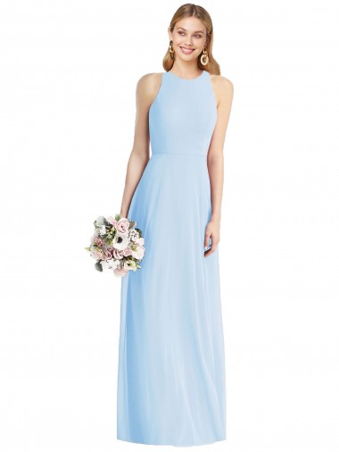 Bleu ciel clair Trompette Licou Mousseline Longue Robes demoiselle d'honneur à Bas Prix