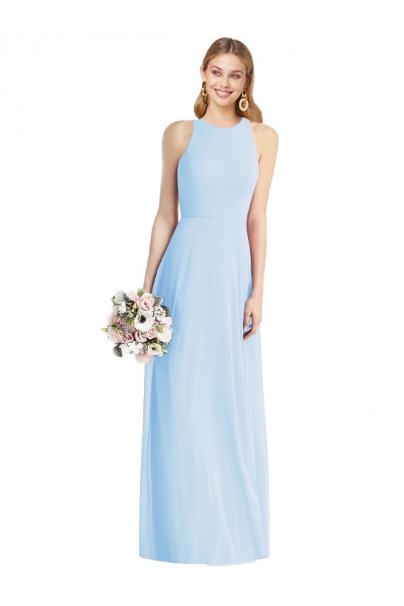 Bleu ciel clair Trompette Licou Mousseline Longue Robes demoiselle d'honneur à Bas Prix