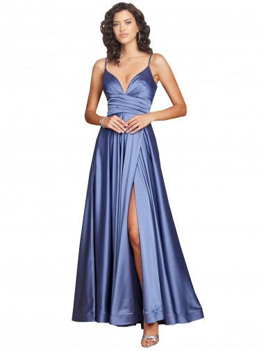 Bleu français Trapèze Bretelles spaghetti Satiné Soyeux Longue Formelles Robes demoiselle d'honneur / Robes de soirée / Robes de bal à Bas Prix