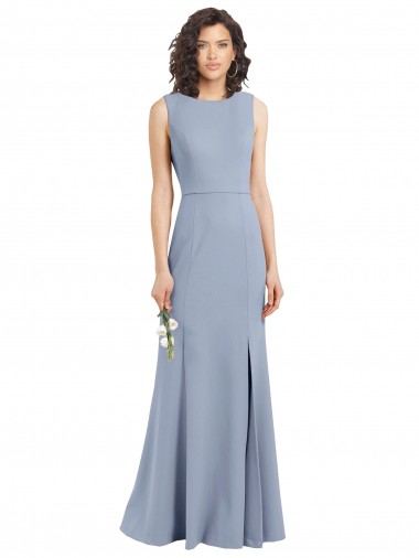 Bleu fumée Fourreau Col Bateau Col Haut Crêpe Stretch Longue Robes demoiselle d'honneur à Bas Prix