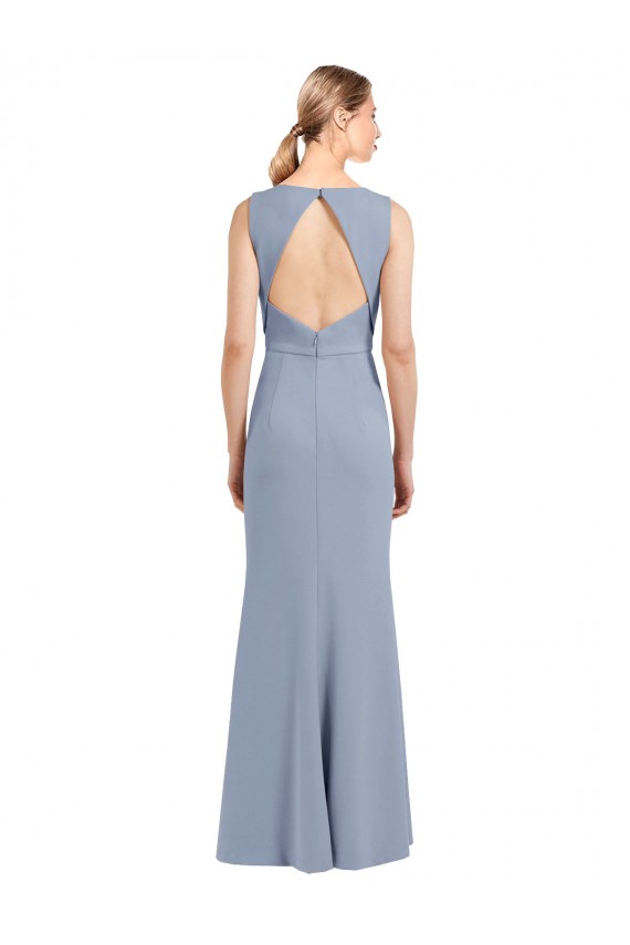 Bleu fumée Fourreau Col Bateau Col Haut Crêpe Stretch Longue Robes demoiselle d'honneur à Bas Prix