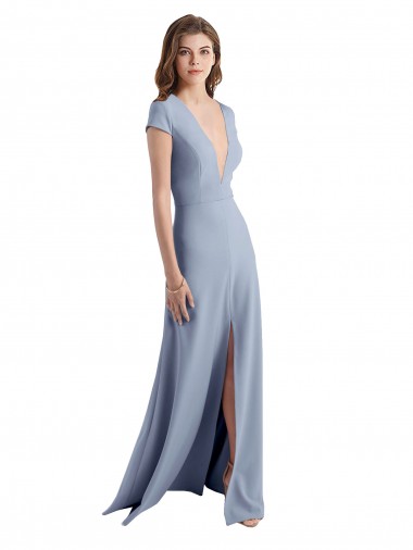 Bleu fumée Fourreau Col V Crêpe Stretch Longue Robes demoiselle d'honneur / Robes de bal à Bas Prix