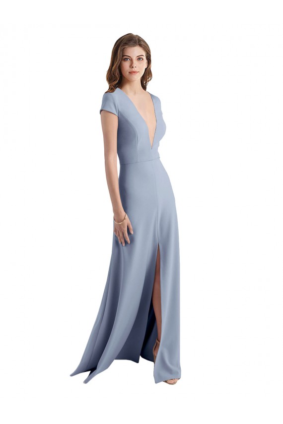 Bleu fumée Fourreau Col V Crêpe Stretch Longue Robes demoiselle d'honneur / Robes de bal à Bas Prix