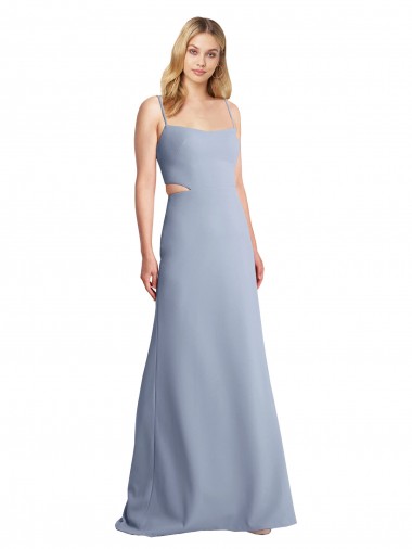 Bleu fumée Trapèze Bretelles spaghetti Scoop Crêpe Stretch Longue Robes demoiselle d'honneur / Robes de bal à Bas Prix