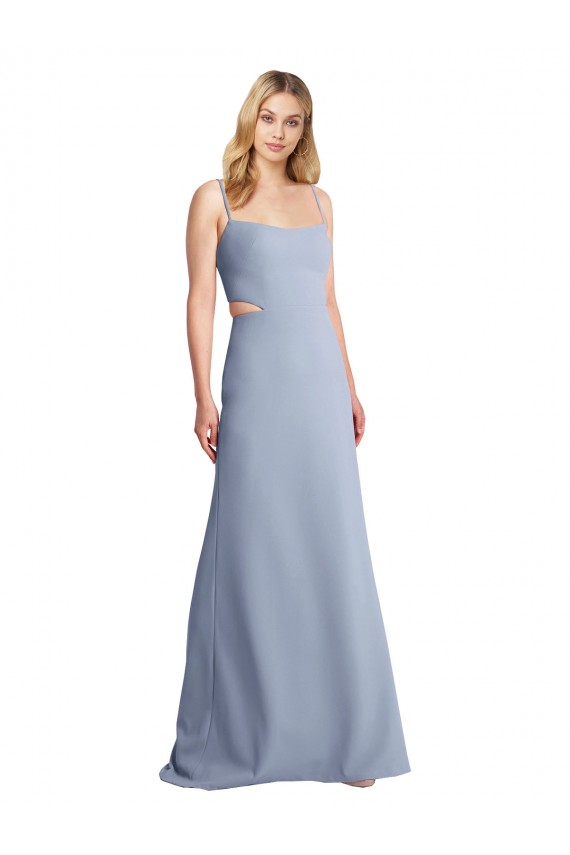 Bleu fumée Trapèze Bretelles spaghetti Scoop Crêpe Stretch Longue Robes demoiselle d'honneur / Robes de bal à Bas Prix