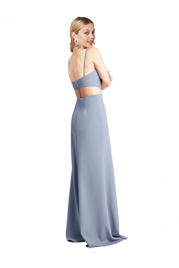 Bleu fumée Trapèze Bretelles spaghetti Scoop Crêpe Stretch Longue Robes demoiselle d'honneur / Robes de bal à Bas Prix