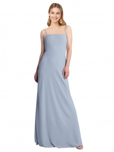 Bleu fumée Trapèze Col Carré Crêpe Stretch Longue Robes demoiselle d'honneur / Robes de bal à Bas Prix