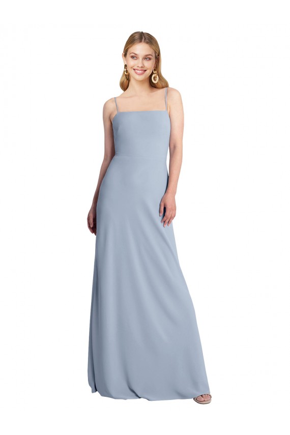 Bleu fumée Trapèze Col Carré Crêpe Stretch Longue Robes demoiselle d'honneur / Robes de bal à Bas Prix