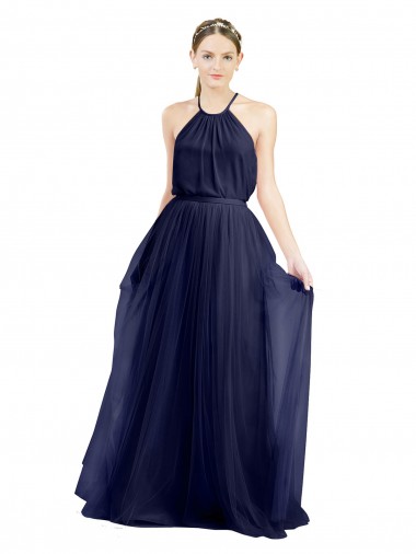 Bleu marine 21 Trapèze Licou Col Haut Tulle Longue Robes demoiselle d'honneur à Bas Prix
