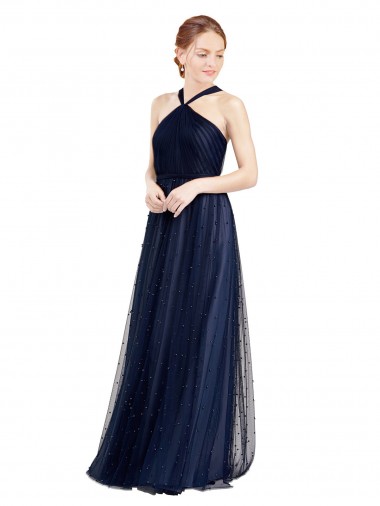 Bleu marine 21 Trapèze Licou Tulle Longue Robes demoiselle d'honneur à Bas Prix