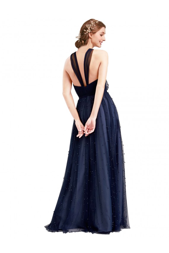 Bleu marine 21 Trapèze Licou Tulle Longue Robes demoiselle d'honneur à Bas Prix