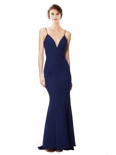 Bleu marine Sirène Bretelles spaghetti Col V Crêpe Stretch Longue Formelles Robes demoiselle d'honneur / Robes de soirée / Robes de bal à Bas Prix