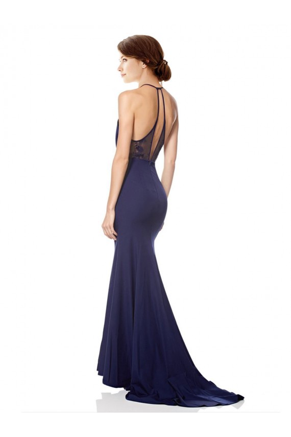 Bleu marine Sirène Licou Col Haut Crêpe Stretch Longue Formelles Robes demoiselle d'honneur / Robes de soirée / Robes de bal à Bas Prix