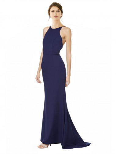 Bleu marine Sirène Licou Col Haut Crêpe Stretch Longue Formelles Robes demoiselle d'honneur / Robes de soirée / Robes de bal à Bas Prix