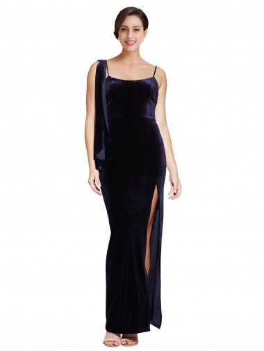 Bleu marine foncé Fourreau Bretelles spaghetti Col Carré Velours Stretch Longue Formelles Robes demoiselle d'honneur / Robes de soirée / Robes de bal à Bas Prix