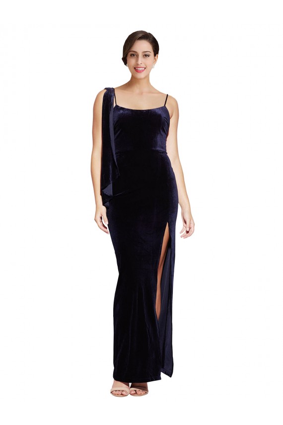Bleu marine foncé Fourreau Bretelles spaghetti Col Carré Velours Stretch Longue Formelles Robes demoiselle d'honneur / Robes de soirée / Robes de bal à Bas Prix