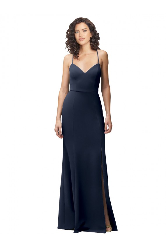 Bleu marine foncé Fourreau Bretelles spaghetti Crêpe Stretch Longue Formelles Robes demoiselle d'honneur / Robes de soirée / Robes de bal à Bas Prix