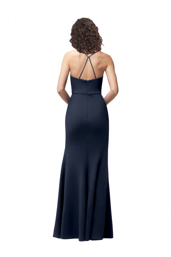 Bleu marine foncé Fourreau Bretelles spaghetti Crêpe Stretch Longue Formelles Robes demoiselle d'honneur / Robes de soirée / Robes de bal à Bas Prix