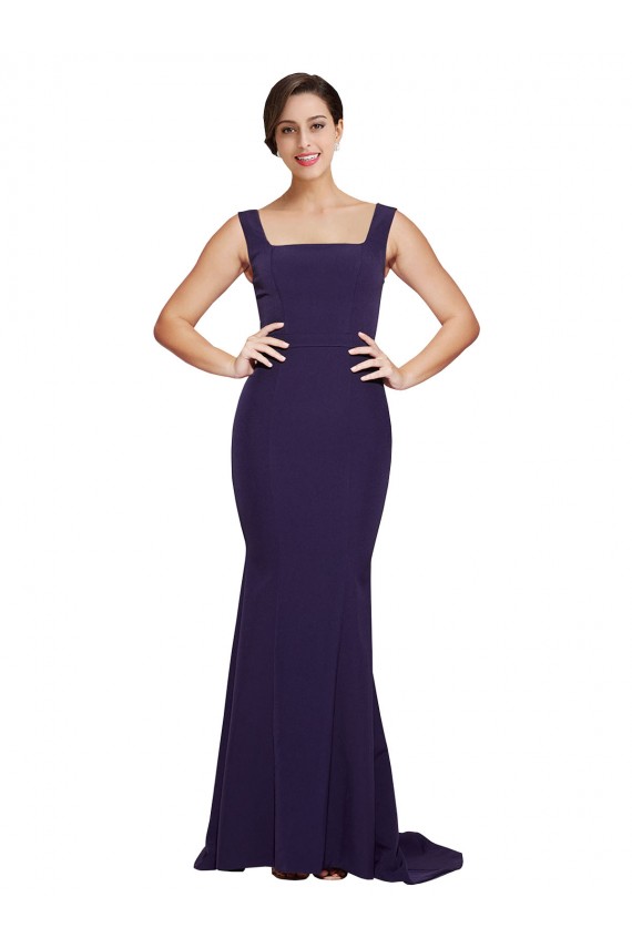 Bleu marine foncé Fourreau Col Carré Balayage train Crêpe Stretch Longue Robes demoiselle d'honneur / Robes de bal à Bas Prix
