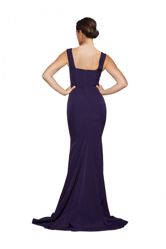 Bleu marine foncé Fourreau Col Carré Balayage train Crêpe Stretch Longue Robes demoiselle d'honneur / Robes de bal à Bas Prix