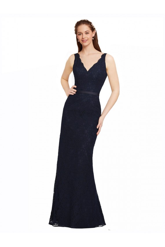 Bleu marine foncé Fourreau Col V Dentelle Longue Robes demoiselle d'honneur à Bas Prix