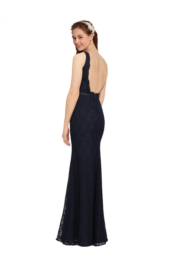 Bleu marine foncé Fourreau Col V Dentelle Longue Robes demoiselle d'honneur à Bas Prix