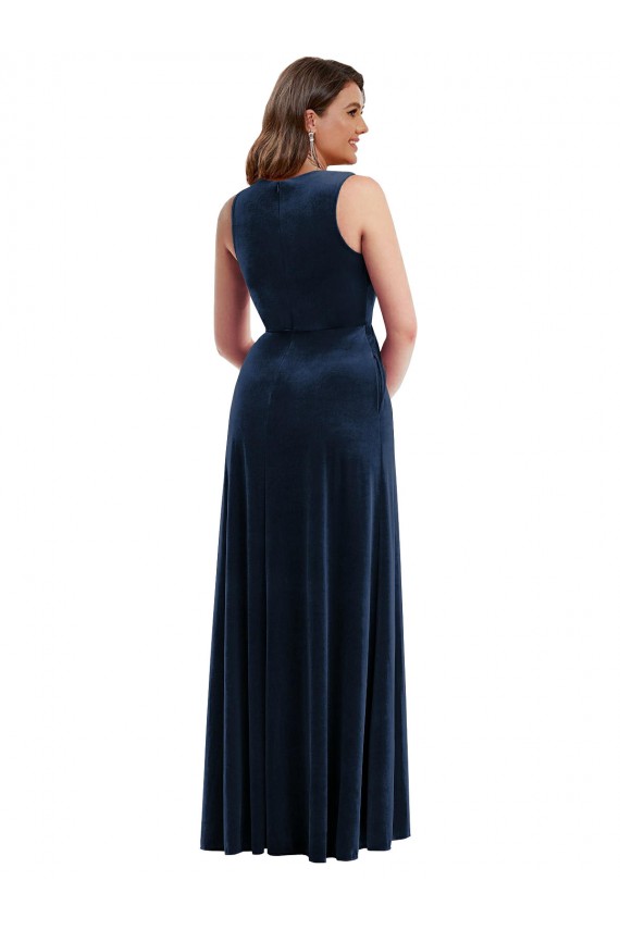 Bleu marine foncé Fourreau Col V Velours Stretch Longue Formelles Robes demoiselle d'honneur / Robes de soirée / Robes de bal à Bas Prix