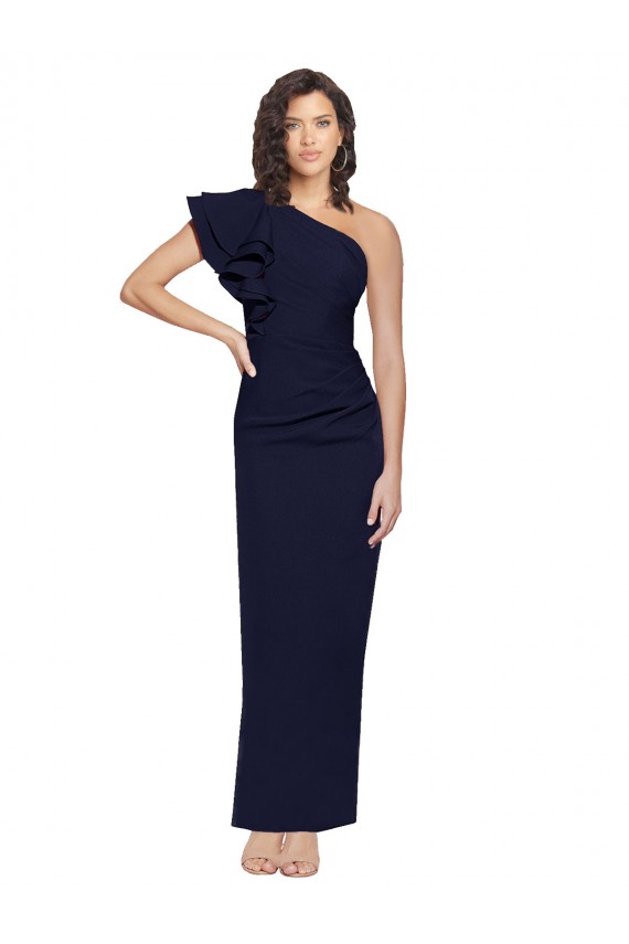 Bleu marine foncé Fourreau Crêpe Stretch Longue Formelles Robes demoiselle d'honneur / Robes de soirée / Robes de bal à Bas Prix