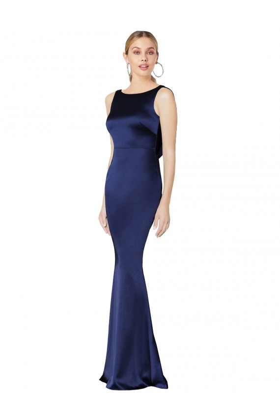 Bleu marine foncé Fourreau Licou Col Haut Satiné Stretch Longue Formelles Robes demoiselle d'honneur / Robes de soirée / Robes de bal à Bas Prix