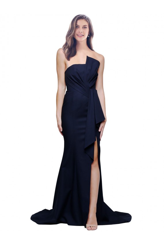 Bleu marine foncé Fourreau Sans bretelle Balayage train Crêpe Stretch Longue Robes demoiselle d'honneur / Robes de bal à Bas Prix