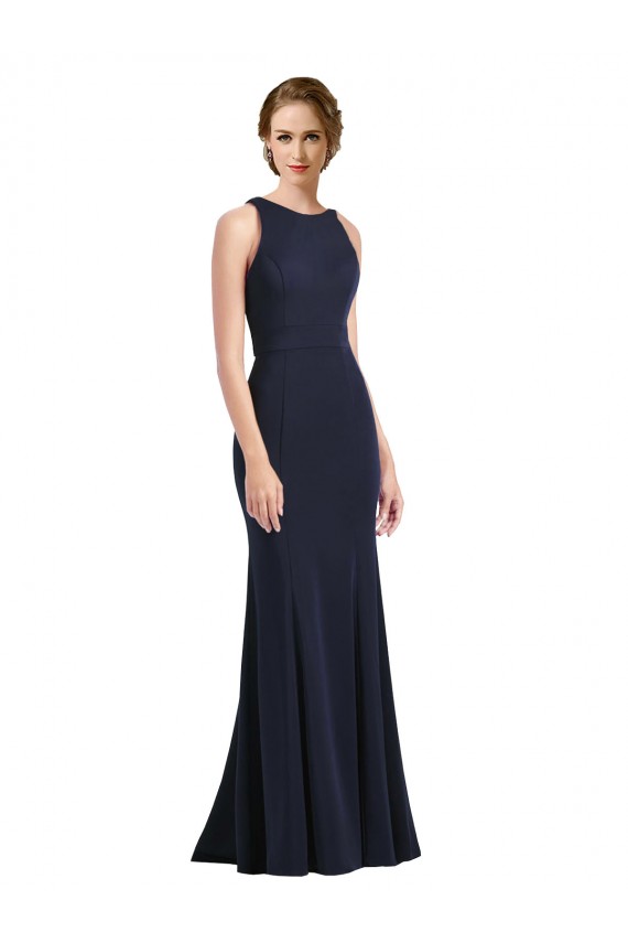 Bleu marine foncé Fourreau Scoop Col Haut Crêpe Stretch Longue Robes demoiselle d'honneur / Robes de bal à Bas Prix