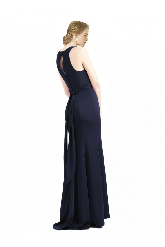 Bleu marine foncé Fourreau Scoop Col Haut Crêpe Stretch Longue Robes demoiselle d'honneur / Robes de bal à Bas Prix