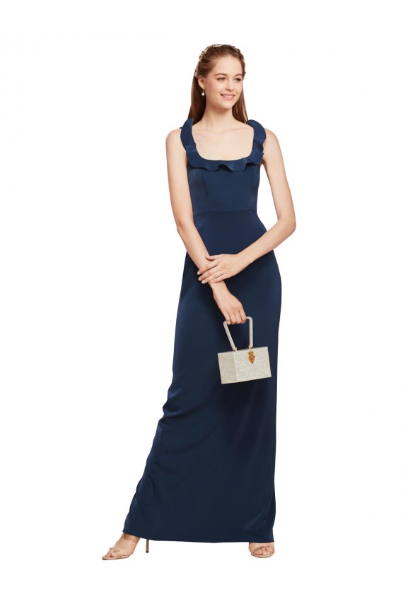 Bleu marine foncé Fourreau Scoop Crêpe Stretch Longue Formelles Robes demoiselle d'honneur / Robes de soirée / Robes de bal à Bas Prix