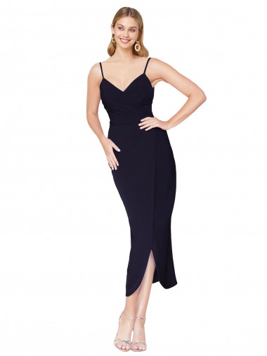 Bleu marine foncé Sirène Bretelles spaghetti Crêpe Stretch Courte Asymétrique Robes demoiselle d'honneur / Robes de soirée / Robes de cocktail à Bas Prix