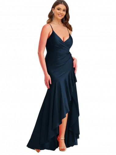 Bleu marine foncé Sirène Bretelles spaghetti Satiné Soyeux Longue Asymétrique Formelles Robes demoiselle d'honneur / Robes de soirée / Robes de bal à Bas Prix
