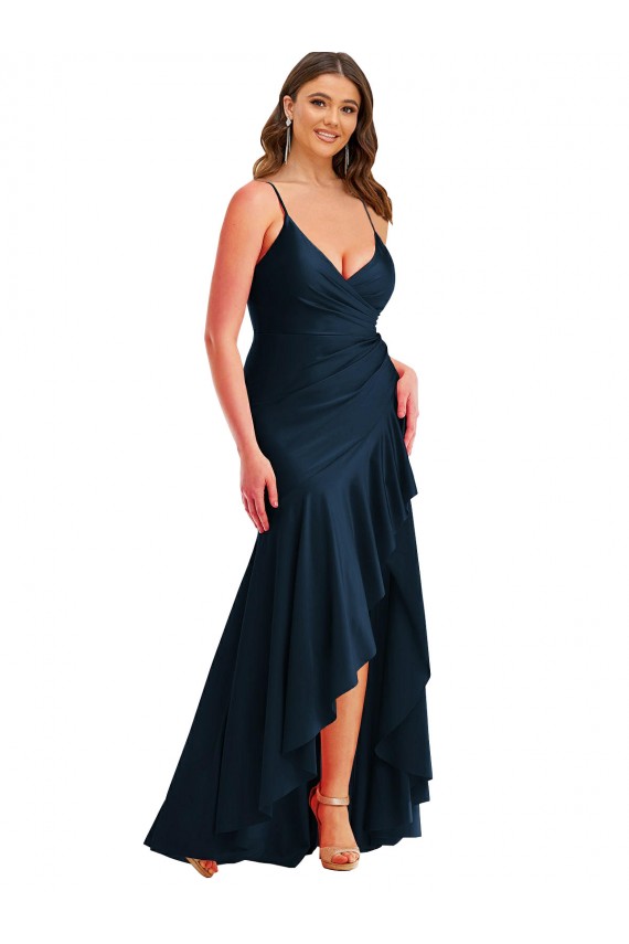 Bleu marine foncé Sirène Bretelles spaghetti Satiné Soyeux Longue Asymétrique Formelles Robes demoiselle d'honneur / Robes de soirée / Robes de bal à Bas Prix