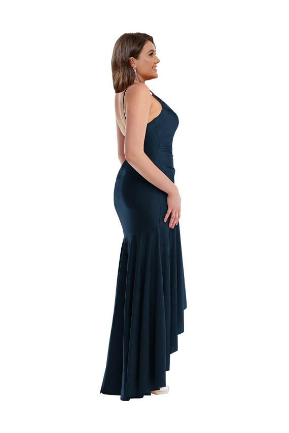 Bleu marine foncé Sirène Bretelles spaghetti Satiné Soyeux Longue Asymétrique Formelles Robes demoiselle d'honneur / Robes de soirée / Robes de bal à Bas Prix