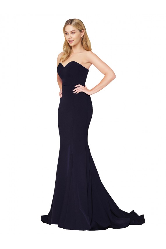 Bleu marine foncé Sirène Col Haut Balayage train Crêpe Stretch Longue Formelles Robes demoiselle d'honneur / Robes de soirée / Robes de bal à Bas Prix
