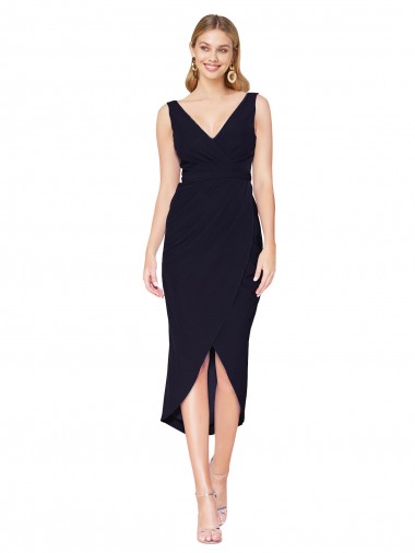 Bleu marine foncé Sirène Col V Crêpe Stretch Courte Asymétrique Robes demoiselle d'honneur / Robes de soirée / Robes de cocktail à Bas Prix