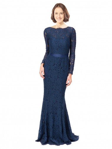 Bleu marine foncé Sirène Col bijou Balayage train Dentelle Longue Robes demoiselle d'honneur à Bas Prix