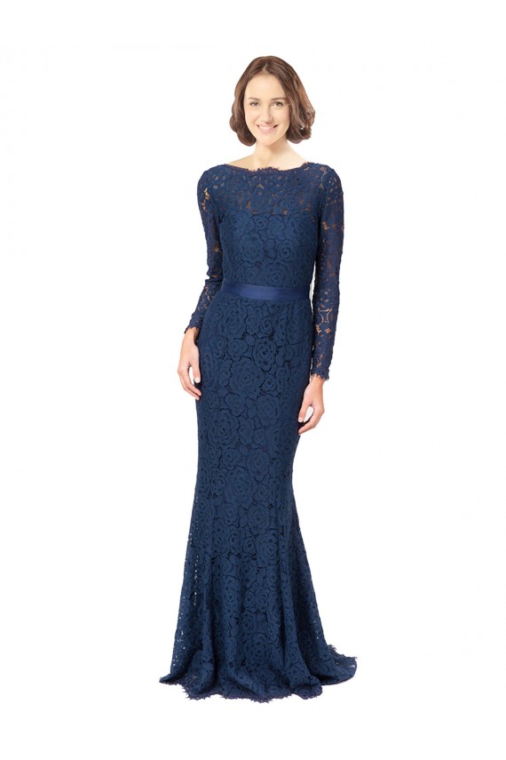 Bleu marine foncé Sirène Col bijou Balayage train Dentelle Longue Robes demoiselle d'honneur à Bas Prix