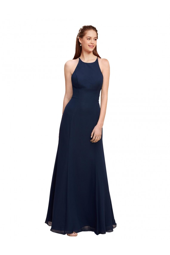Bleu marine foncé Sirène Licou Col Haut Mousseline Longue Robes demoiselle d'honneur / Robes de bal à Bas Prix