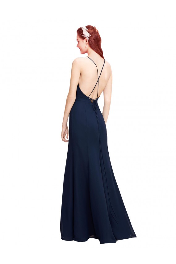 Bleu marine foncé Sirène Licou Col Haut Mousseline Longue Robes demoiselle d'honneur / Robes de bal à Bas Prix