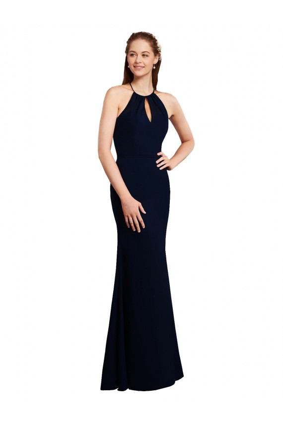 Bleu marine foncé Sirène Licou Mousseline Longue Robes demoiselle d'honneur à Bas Prix
